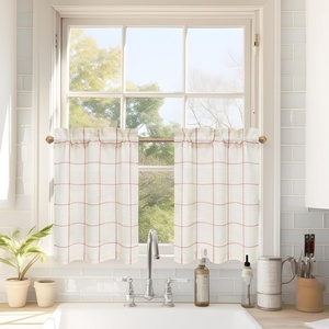 image:imageDriftAway Kitchen Curtains Striped Tier Linen Short Curtains Windowpane Plaid Cafe 45 Inch Length for Living Room Bathroom Chris Farmhouse Rustic Rod Pocket 2 Panels GrayPlaid Red