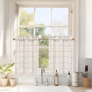image:imageDriftAway Kitchen Curtains Striped Tier Linen Short Curtains Windowpane Plaid Cafe 45 Inch Length for Living Room Bathroom Chris Farmhouse Rustic Rod Pocket 2 Panels GrayLoden Green