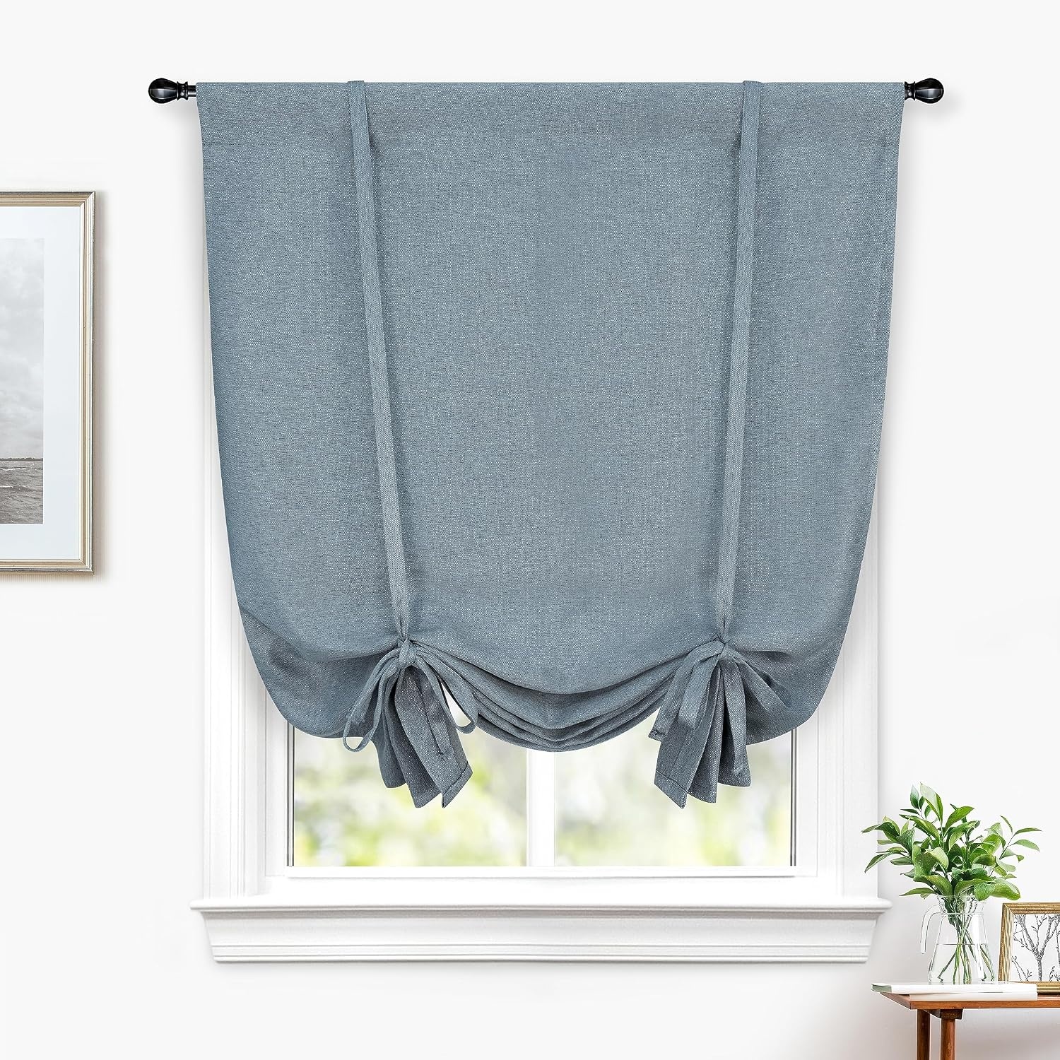 image:imageDriftAway Faux Linen Textured Solid Color Blackout Tie Up Curtain for Kitchen Decorative Adjustable Balloon Rod Pocket Window Linen Curtains for Small Window 42 Inch by 63 Inch Dusty BlueDusty Blue