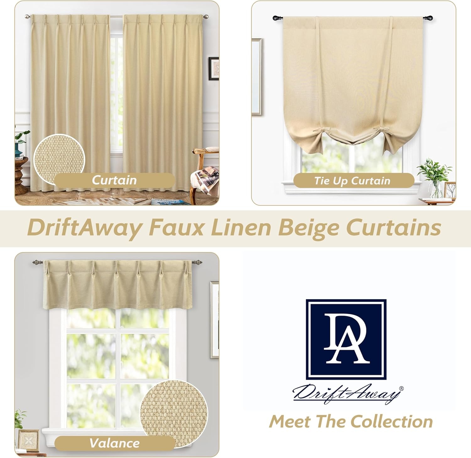 image:imageDriftAway Faux Linen Textured Solid Color Blackout Tie Up Curtain for Kitchen Decorative Adjustable Balloon Rod Pocket Window Linen Curtains for Small Window 42 Inch by 63 Inch Dusty BlueBeige