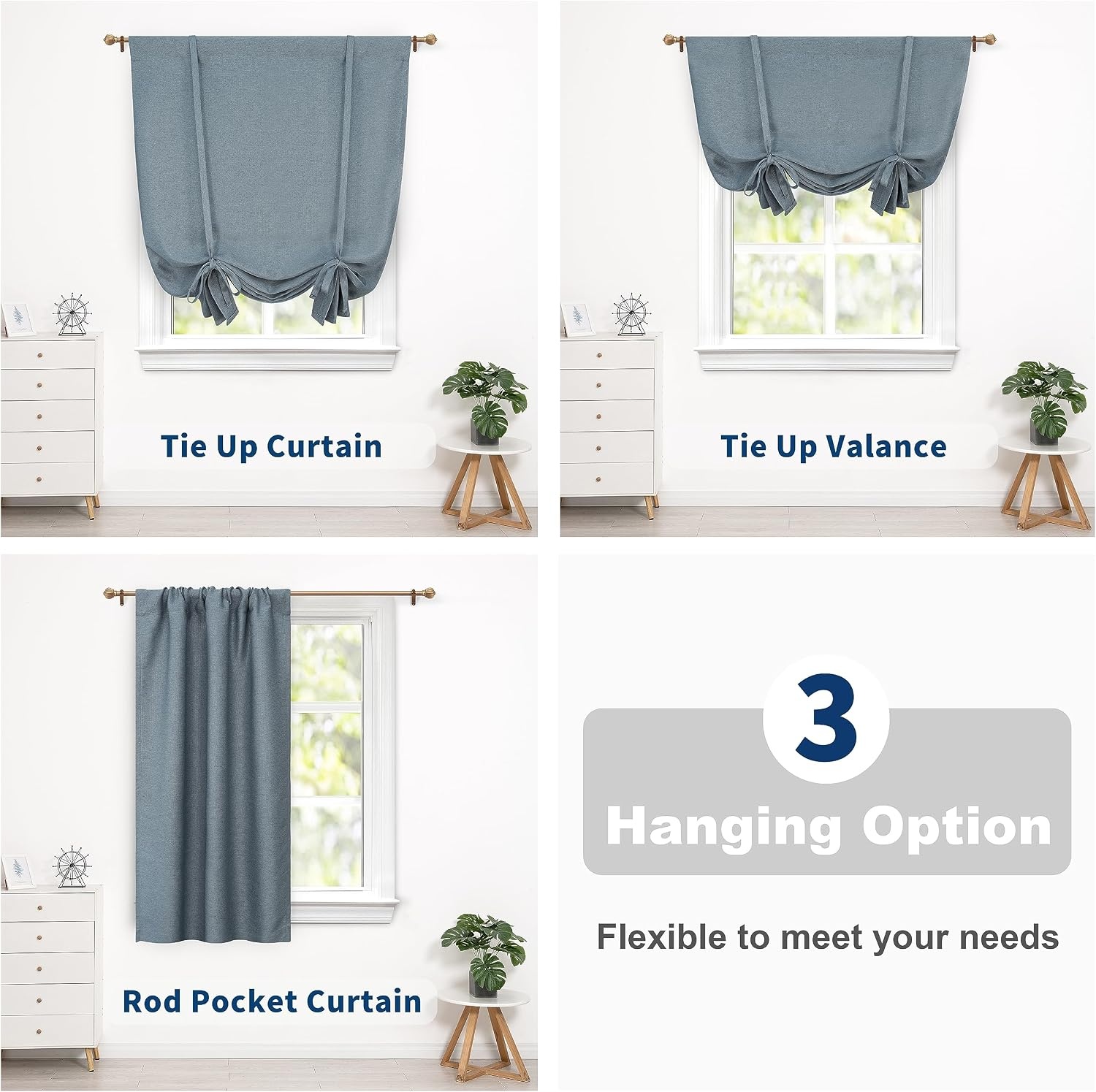 image:imageDriftAway Faux Linen Textured Solid Color Blackout Tie Up Curtain for Kitchen Decorative Adjustable Balloon Rod Pocket Window Linen Curtains for Small Window 42 Inch by 63 Inch Dusty BlueDusty Blue