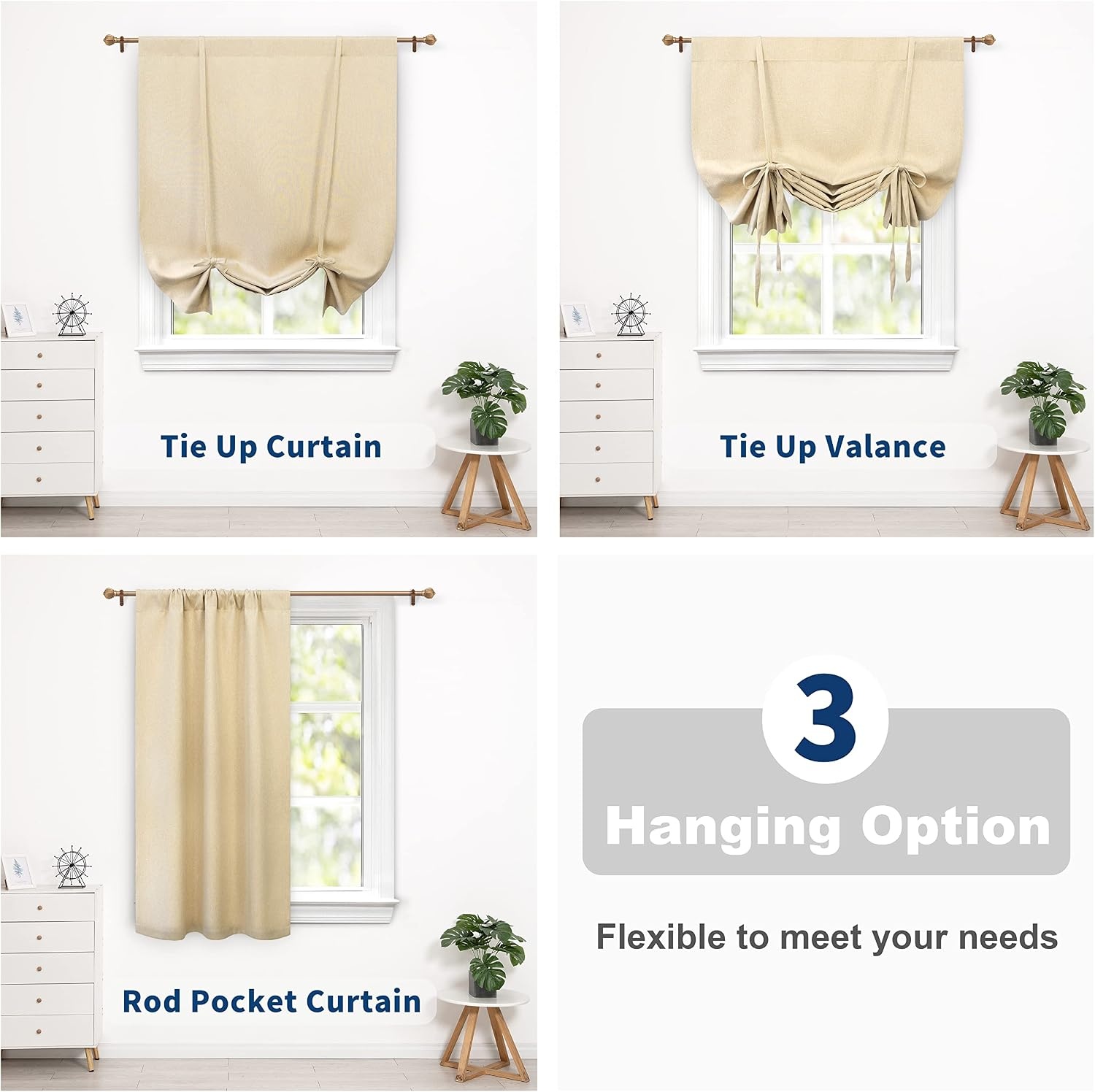 image:imageDriftAway Faux Linen Textured Solid Color Blackout Tie Up Curtain for Kitchen Decorative Adjustable Balloon Rod Pocket Window Linen Curtains for Small Window 42 Inch by 63 Inch Dusty BlueBeige