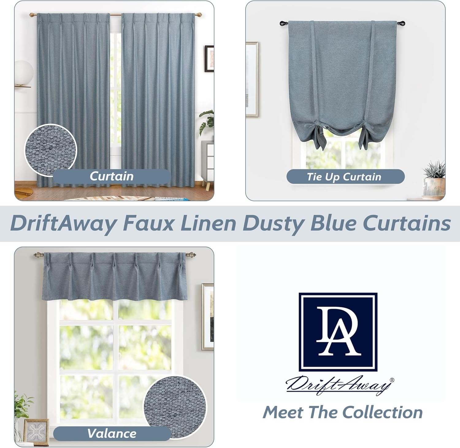 image:imageDriftAway Faux Linen Textured Solid Color Blackout Tie Up Curtain for Kitchen Decorative Adjustable Balloon Rod Pocket Window Linen Curtains for Small Window 42 Inch by 63 Inch Dusty BlueDusty Blue