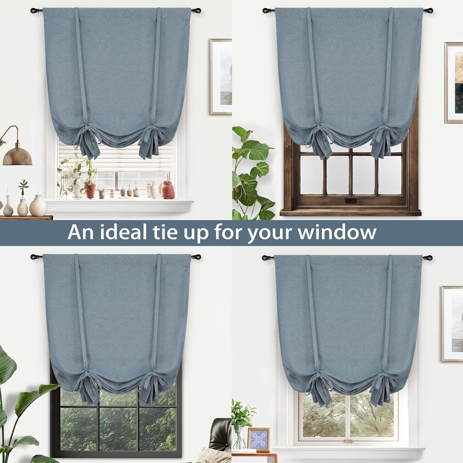 image:imageDriftAway Faux Linen Textured Solid Color Blackout Tie Up Curtain for Kitchen Decorative Adjustable Balloon Rod Pocket Window Linen Curtains for Small Window 42 Inch by 63 Inch Dusty BlueDusty Blue