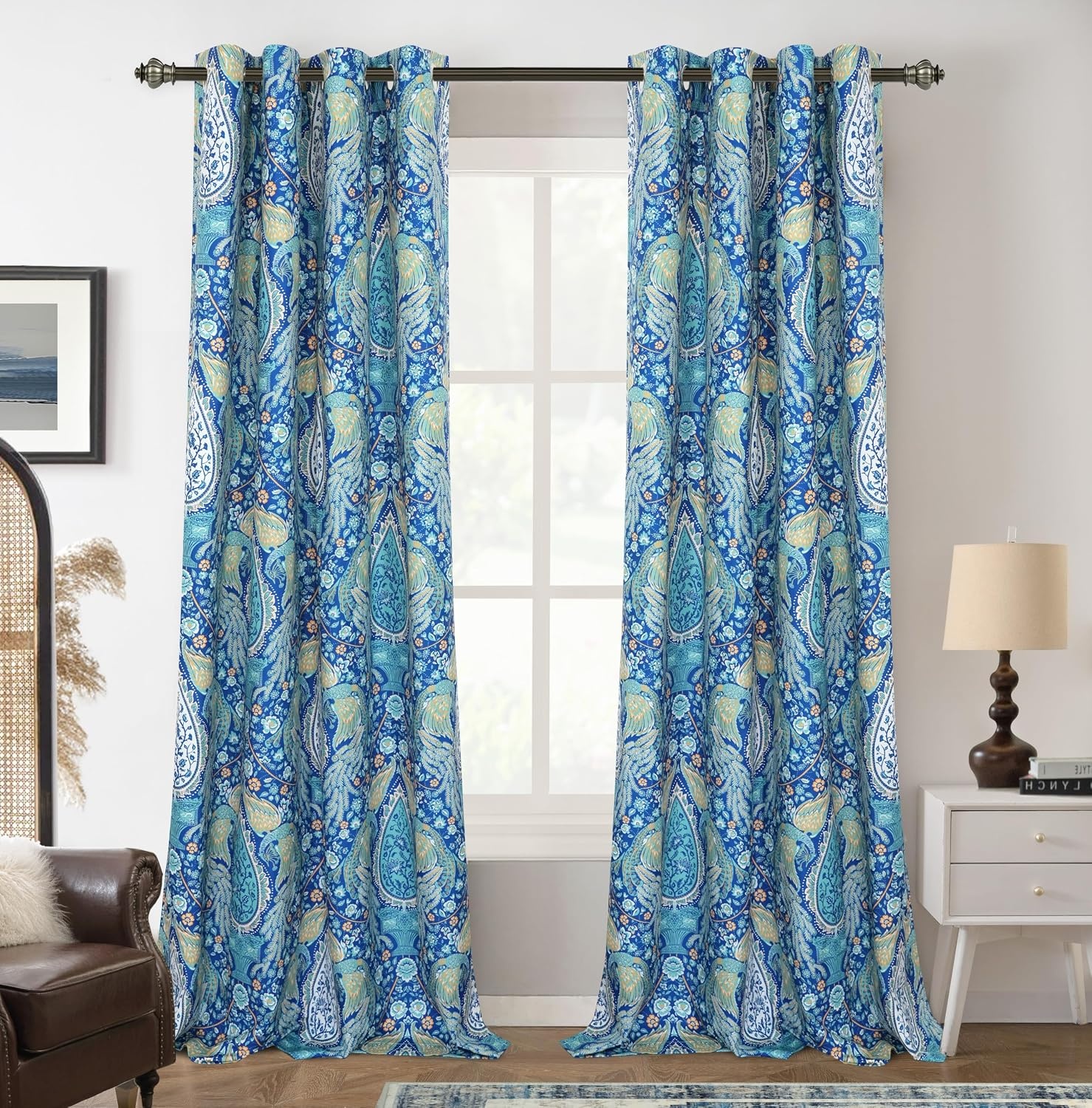 image:imageDriftAway Floral Red Curtains for Bedroom 80 Blackout Thermal Insulated Lined Double Layer Vintage Peacock Printed Pattern Darkening Drapes for Living Room Grommet 2 Panels 52 Inch by 84 Inch RedTeal