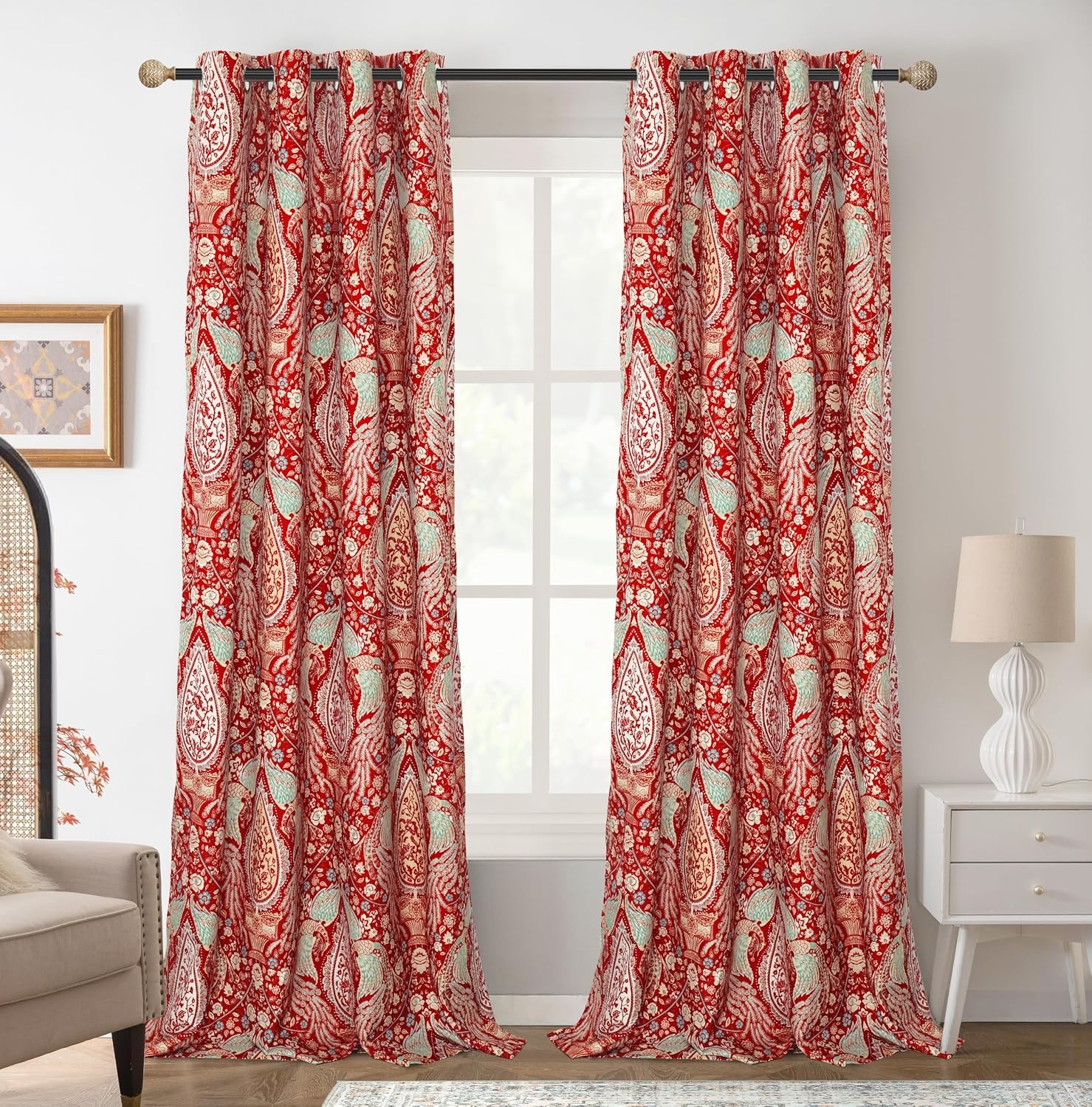 image:imageDriftAway Floral Red Curtains for Bedroom 80 Blackout Thermal Insulated Lined Double Layer Vintage Peacock Printed Pattern Darkening Drapes for Living Room Grommet 2 Panels 52 Inch by 84 Inch RedRed