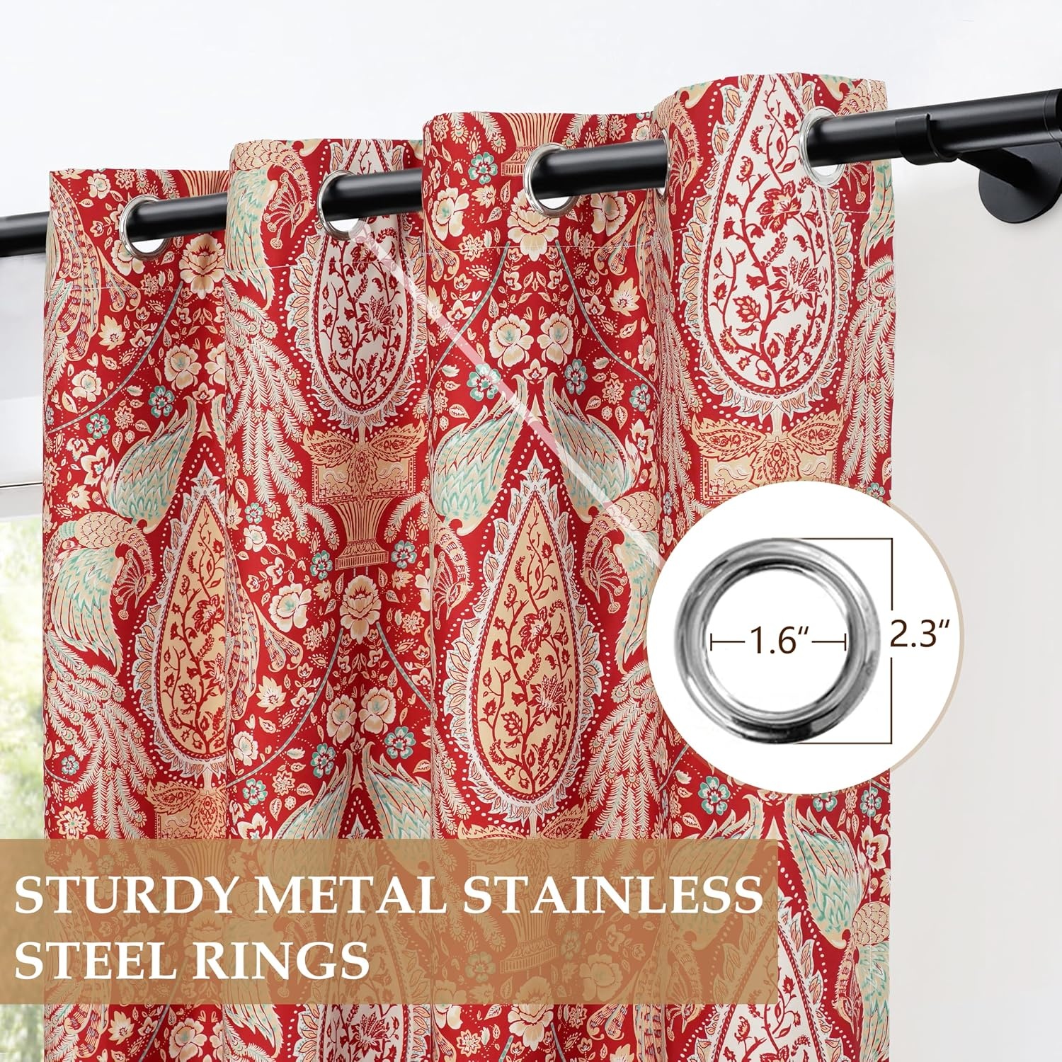 image:imageDriftAway Floral Red Curtains for Bedroom 80 Blackout Thermal Insulated Lined Double Layer Vintage Peacock Printed Pattern Darkening Drapes for Living Room Grommet 2 Panels 52 Inch by 84 Inch RedRed