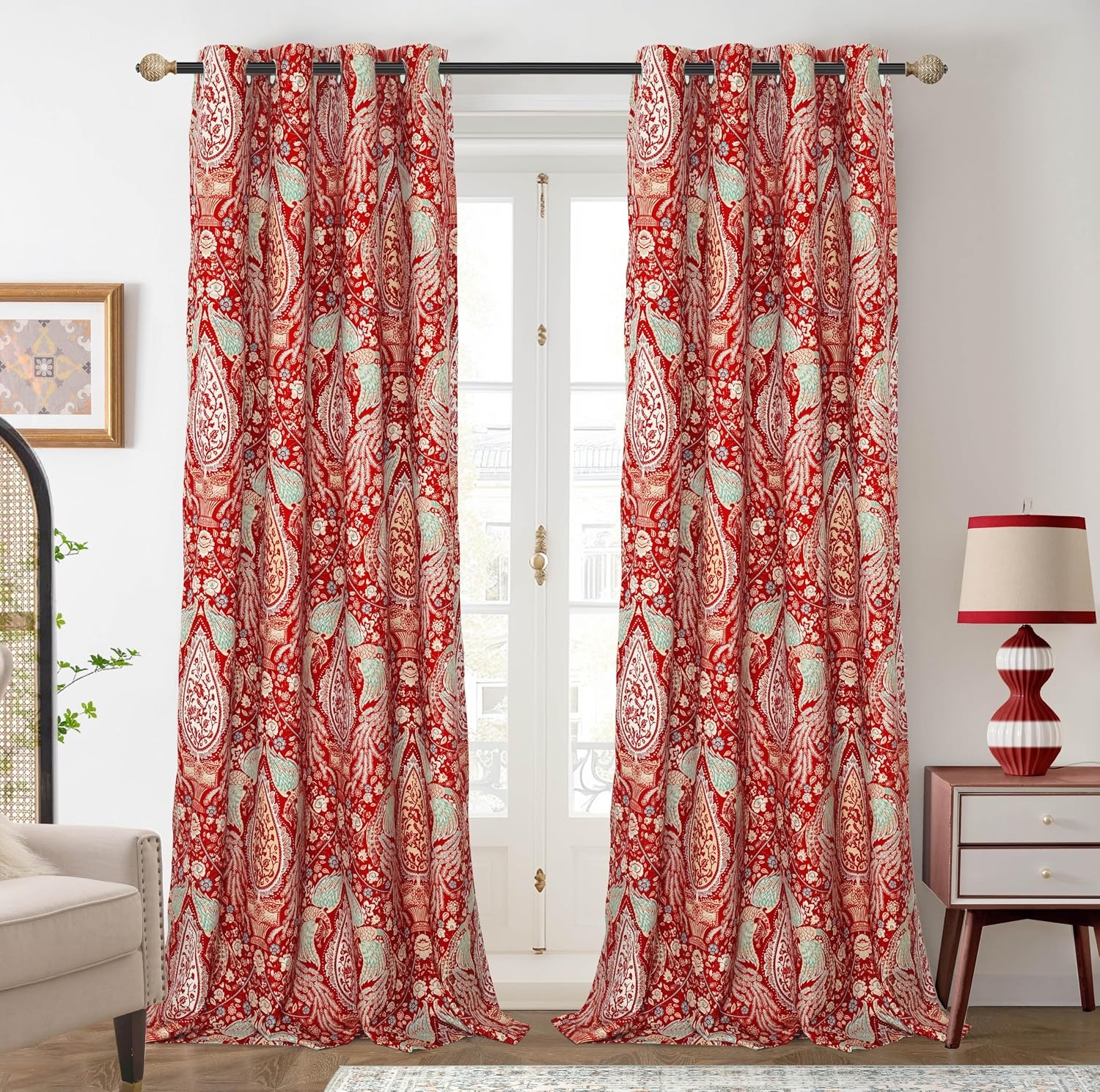 image:imageDriftAway Floral Red Curtains for Bedroom 80 Blackout Thermal Insulated Lined Double Layer Vintage Peacock Printed Pattern Darkening Drapes for Living Room Grommet 2 Panels 52 Inch by 84 Inch RedRed