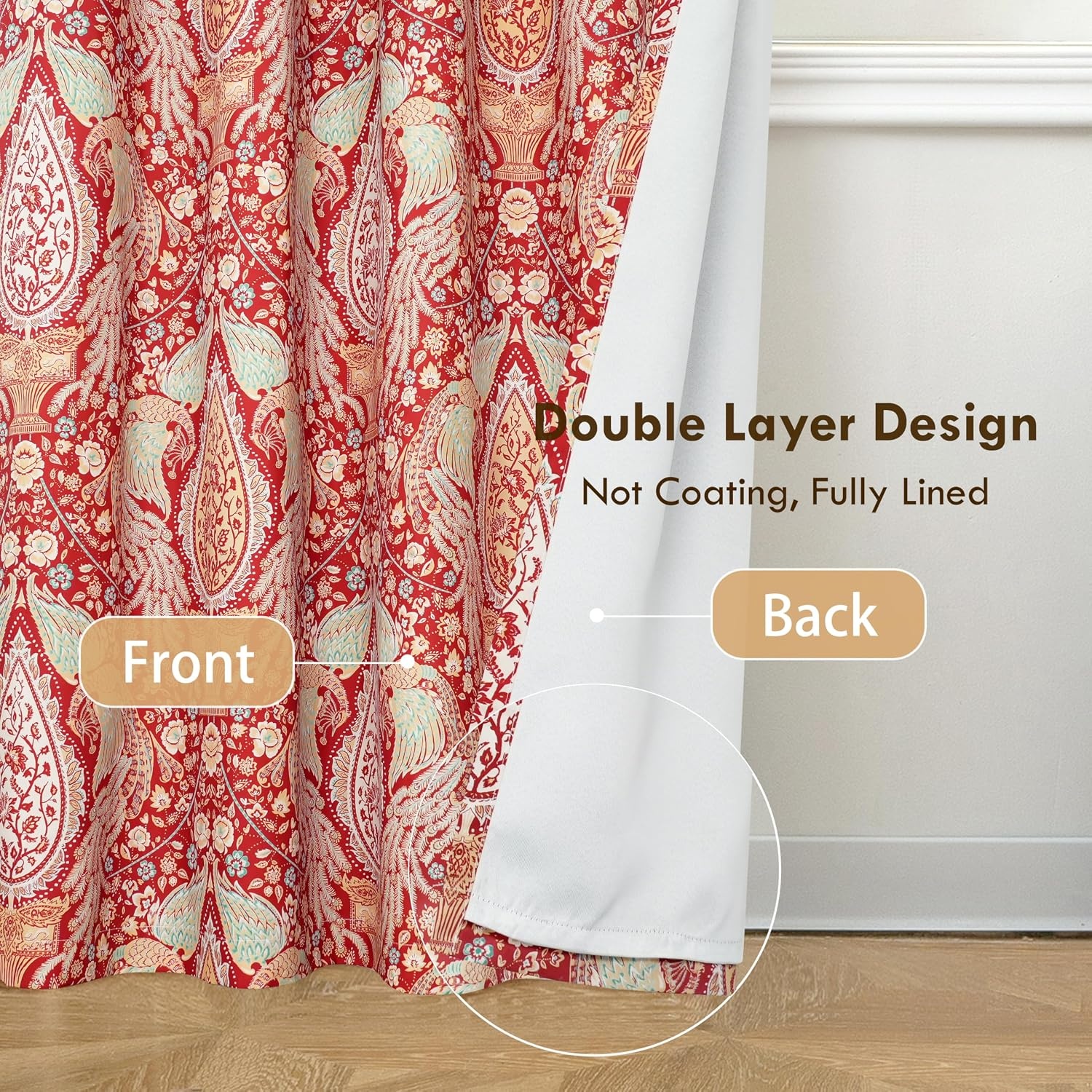 image:imageDriftAway Floral Red Curtains for Bedroom 80 Blackout Thermal Insulated Lined Double Layer Vintage Peacock Printed Pattern Darkening Drapes for Living Room Grommet 2 Panels 52 Inch by 84 Inch RedRed