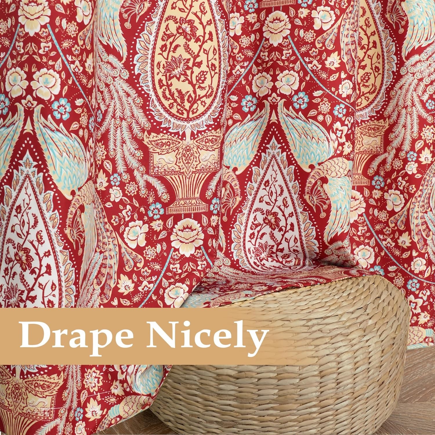 image:imageDriftAway Floral Red Curtains for Bedroom 80 Blackout Thermal Insulated Lined Double Layer Vintage Peacock Printed Pattern Darkening Drapes for Living Room Grommet 2 Panels 52 Inch by 84 Inch RedRed