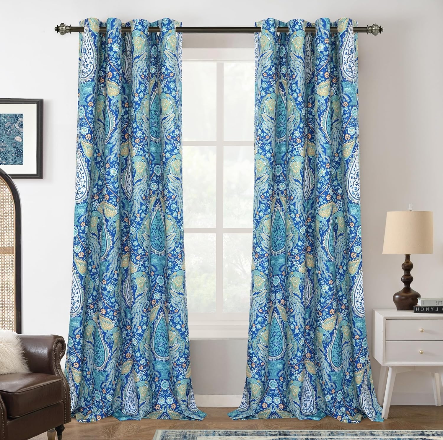 image:imageDriftAway Floral Red Curtains for Bedroom 80 Blackout Thermal Insulated Lined Double Layer Vintage Peacock Printed Pattern Darkening Drapes for Living Room Grommet 2 Panels 52 Inch by 84 Inch RedTeal