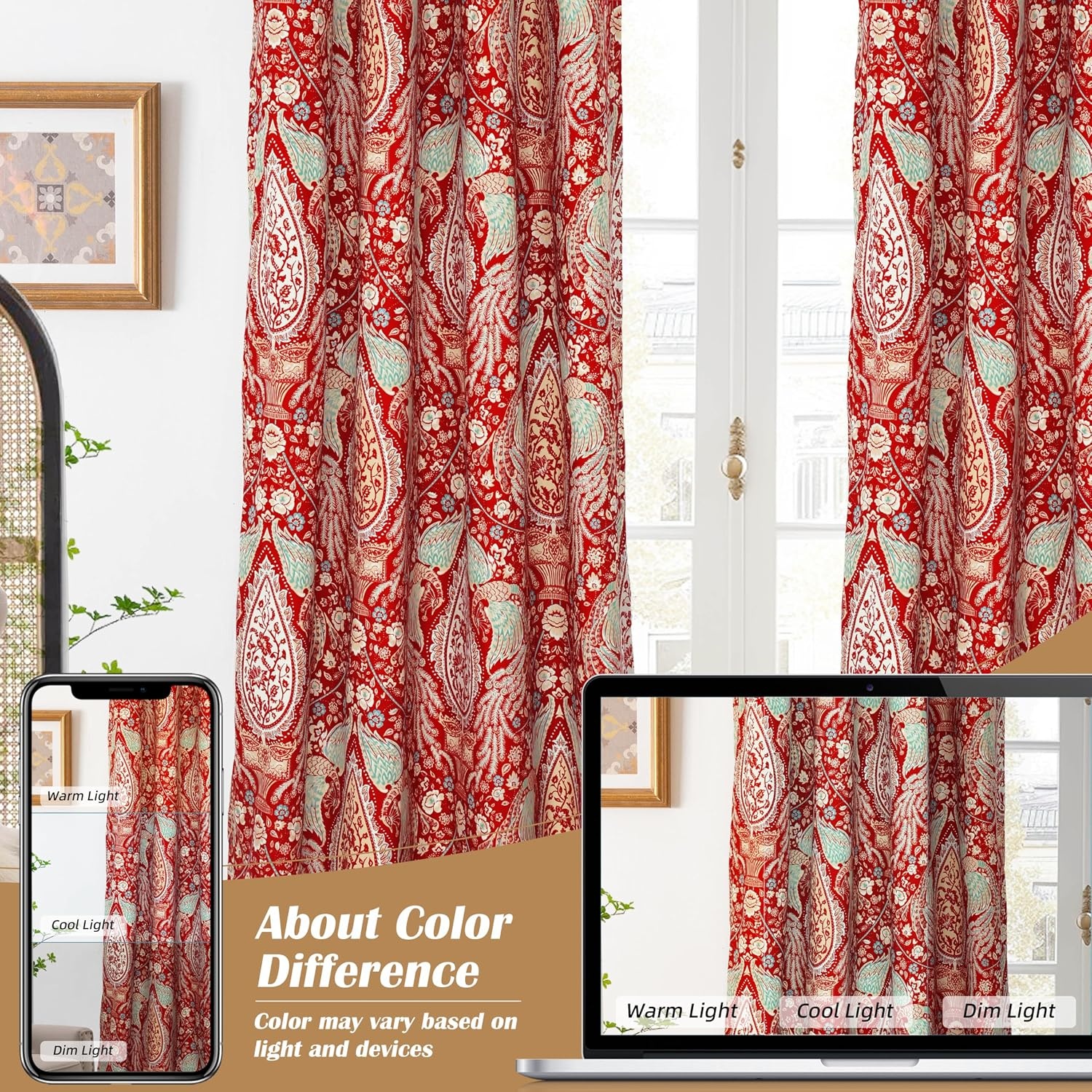image:imageDriftAway Floral Red Curtains for Bedroom 80 Blackout Thermal Insulated Lined Double Layer Vintage Peacock Printed Pattern Darkening Drapes for Living Room Grommet 2 Panels 52 Inch by 84 Inch RedRed