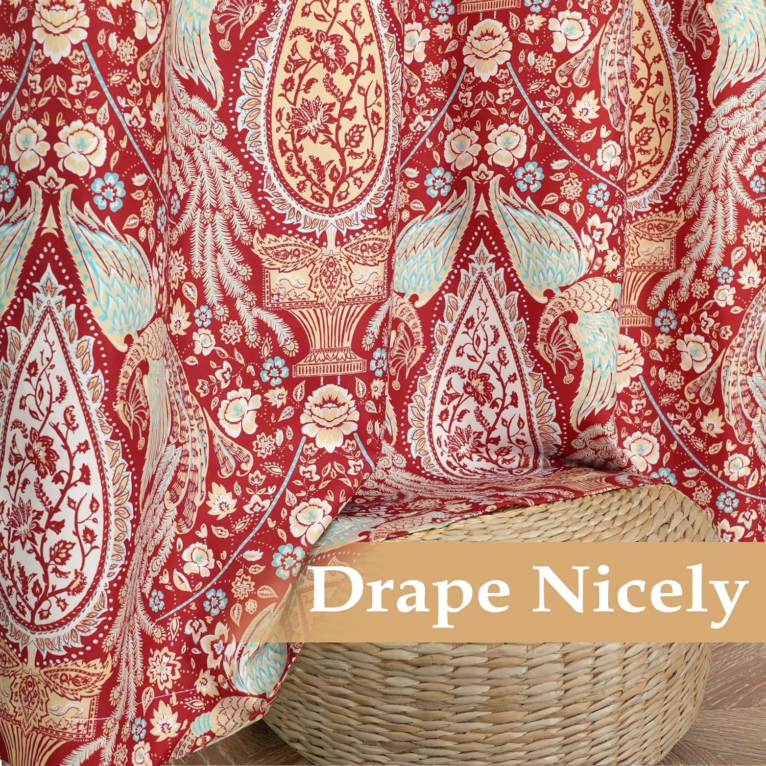 image:imageDriftAway Floral Red Curtains for Bedroom 80 Blackout Thermal Insulated Lined Double Layer Vintage Peacock Printed Pattern Darkening Drapes for Living Room Grommet 2 Panels 52 Inch by 84 Inch RedRed
