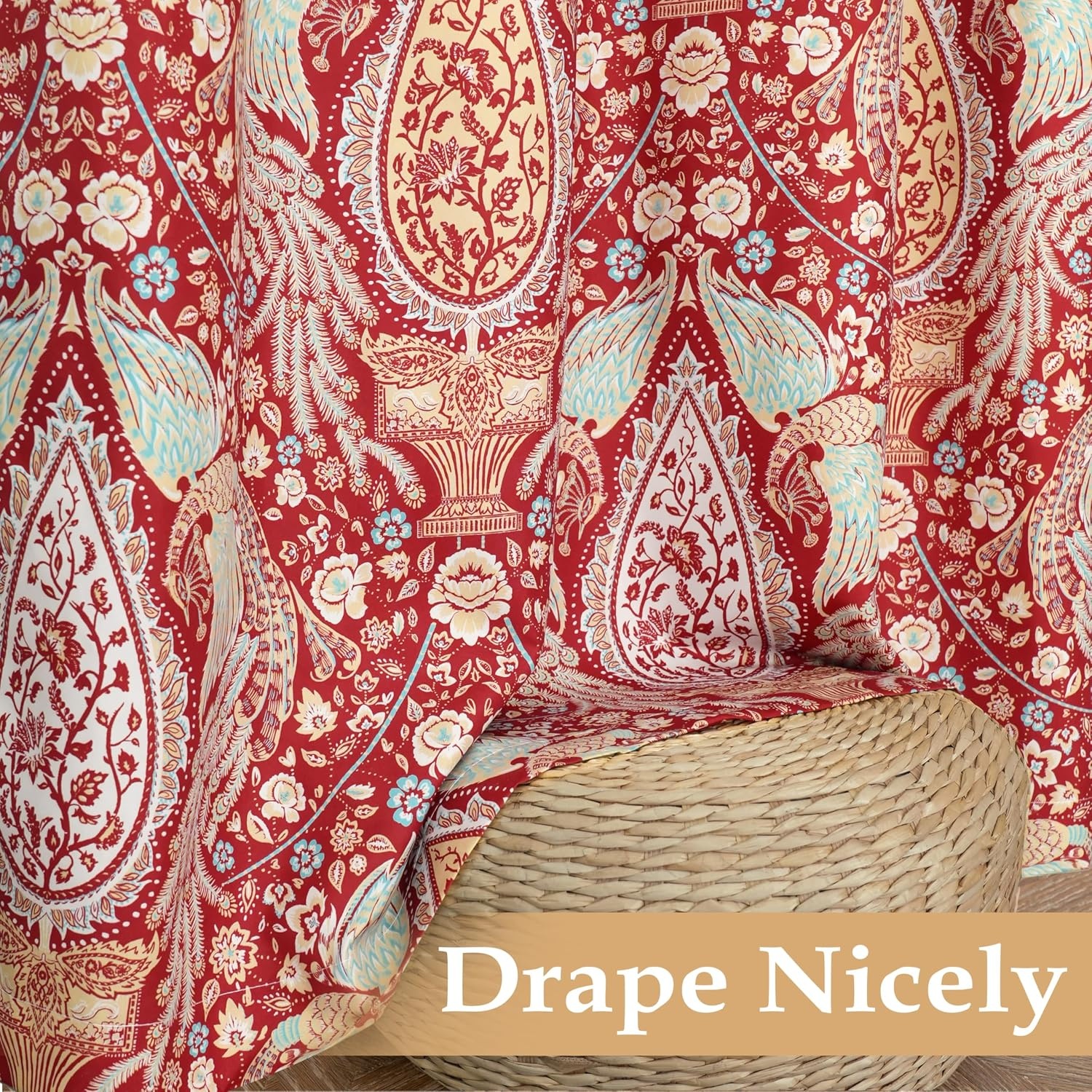 image:imageDriftAway Floral Red Curtains for Bedroom 80 Blackout Thermal Insulated Lined Double Layer Vintage Peacock Printed Pattern Darkening Drapes for Living Room Grommet 2 Panels 52 Inch by 84 Inch RedRed