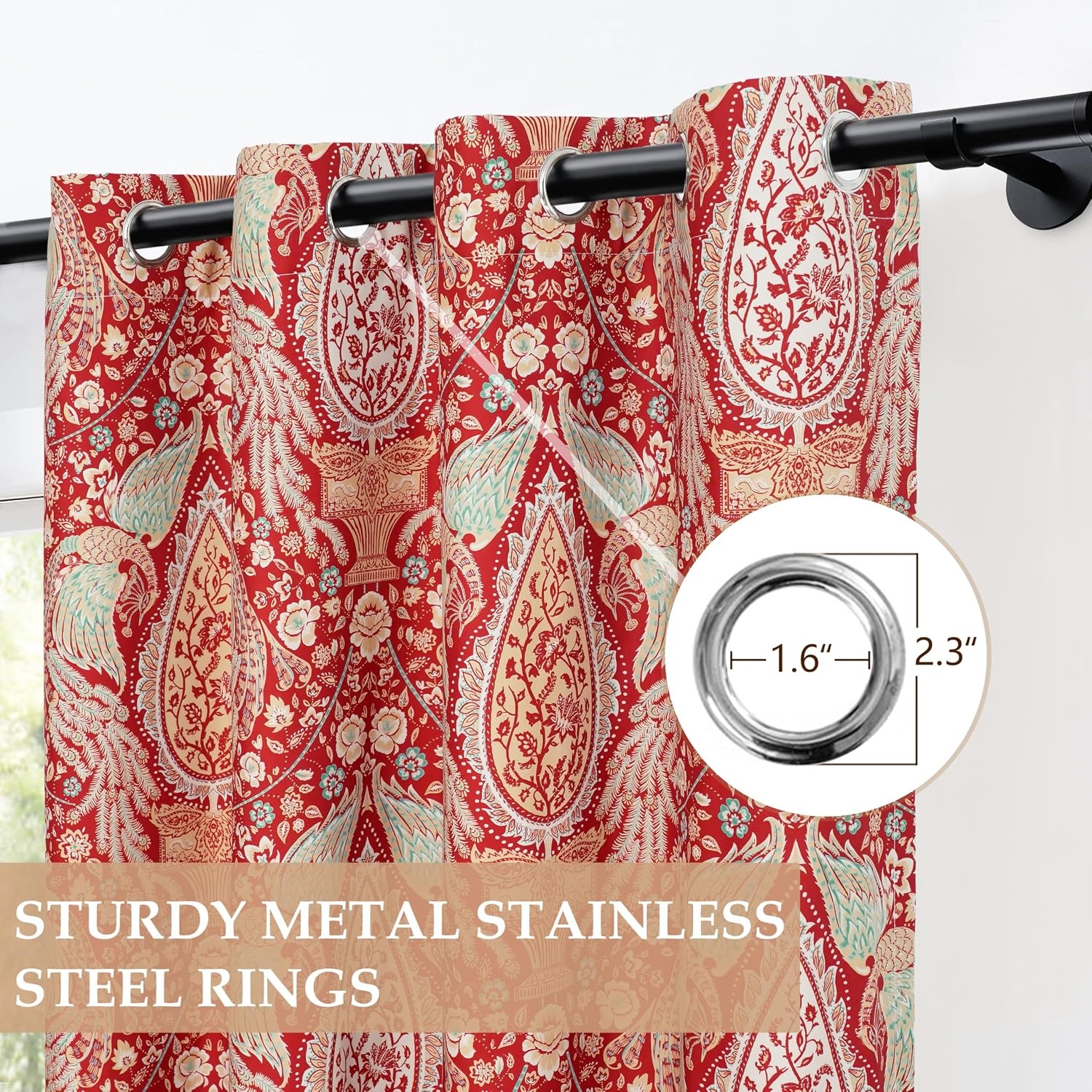 image:imageDriftAway Floral Red Curtains for Bedroom 80 Blackout Thermal Insulated Lined Double Layer Vintage Peacock Printed Pattern Darkening Drapes for Living Room Grommet 2 Panels 52 Inch by 84 Inch RedRed
