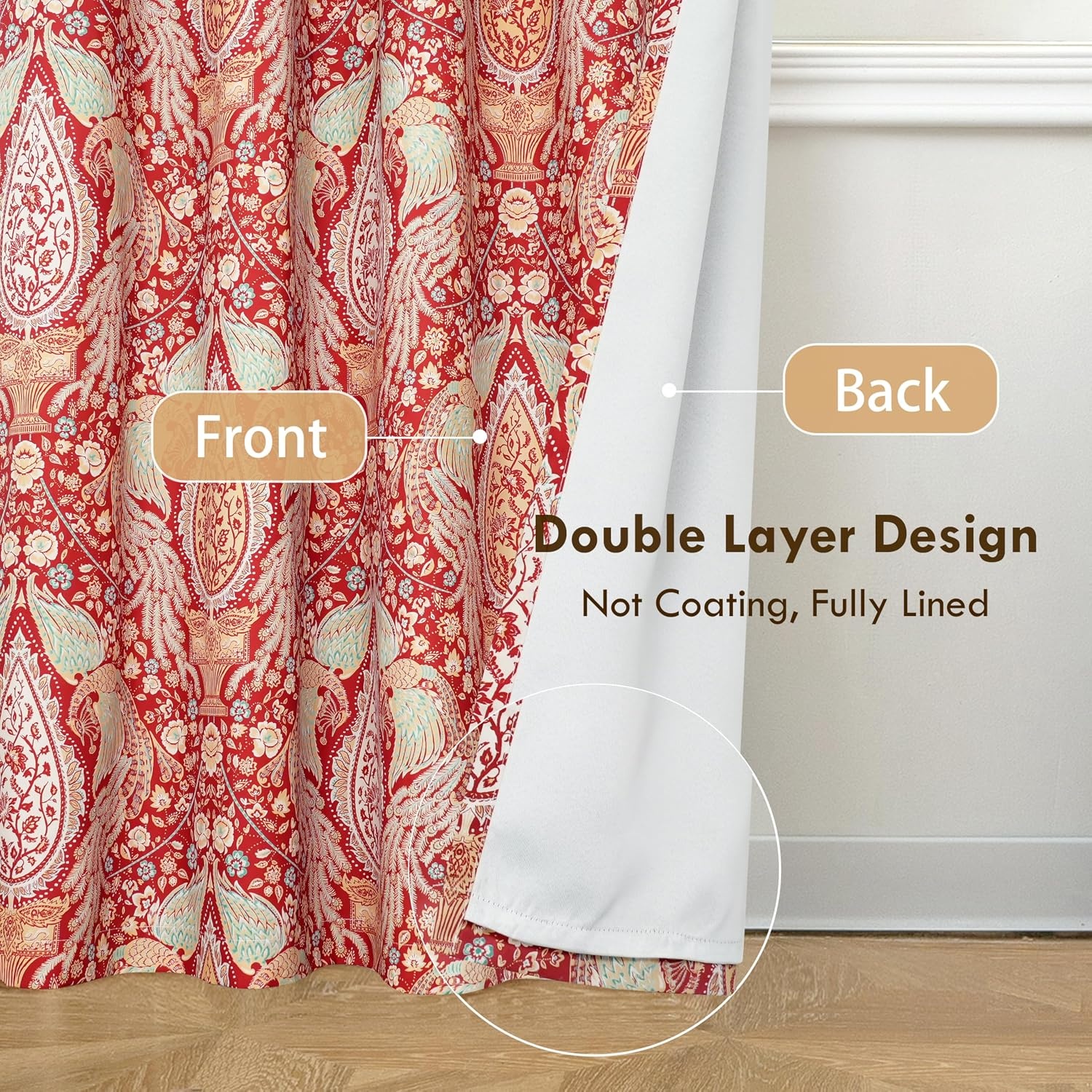 image:imageDriftAway Floral Red Curtains for Bedroom 80 Blackout Thermal Insulated Lined Double Layer Vintage Peacock Printed Pattern Darkening Drapes for Living Room Grommet 2 Panels 52 Inch by 84 Inch RedRed