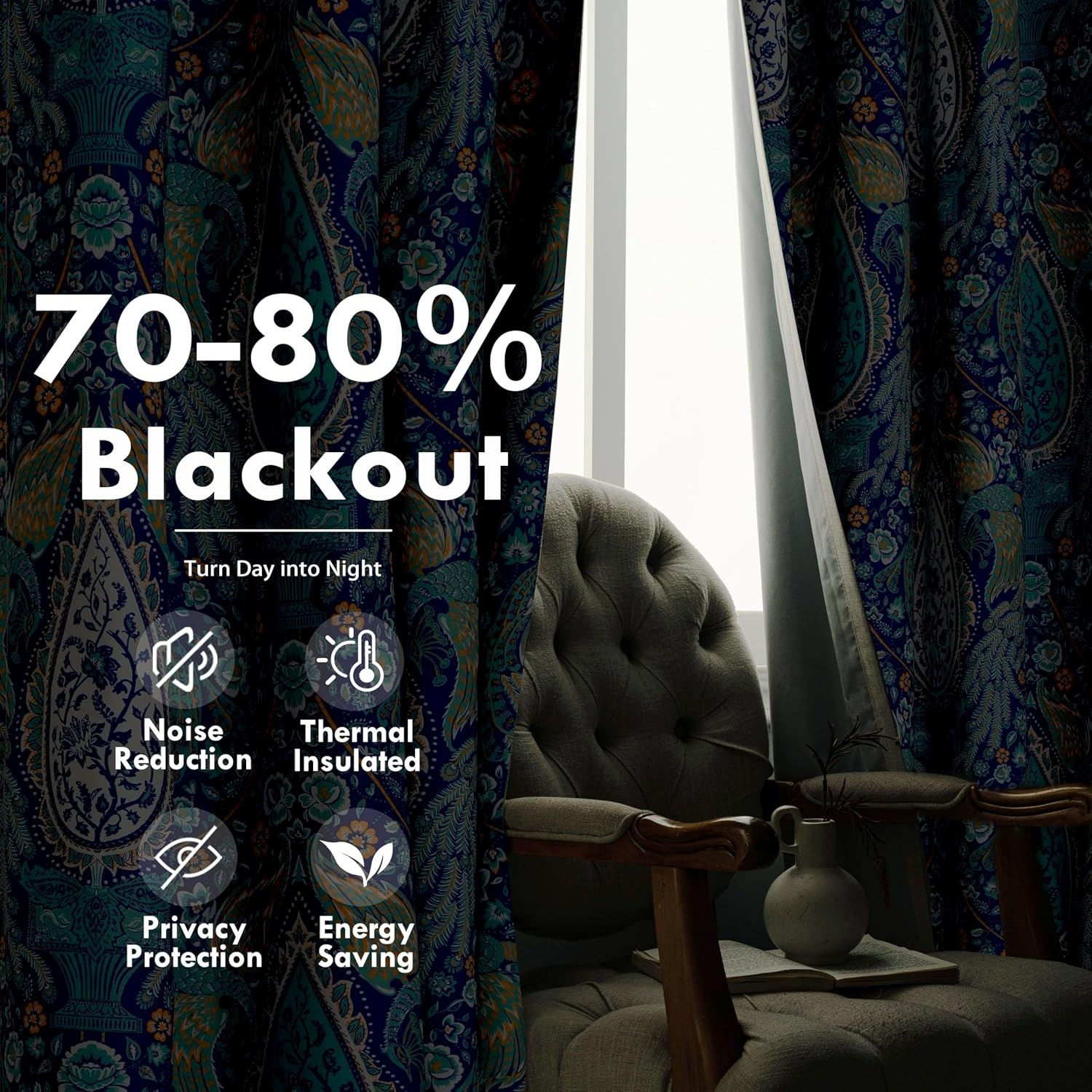 image:imageDriftAway Floral Red Curtains for Bedroom 80 Blackout Thermal Insulated Lined Double Layer Vintage Peacock Printed Pattern Darkening Drapes for Living Room Grommet 2 Panels 52 Inch by 84 Inch RedTeal