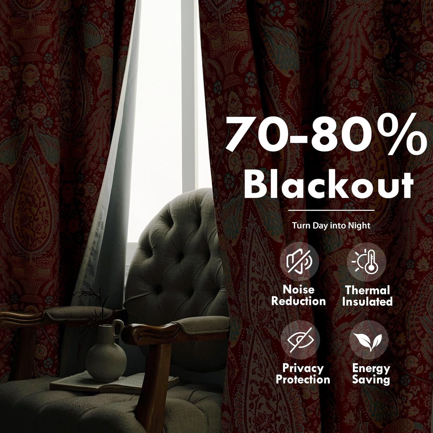 image:imageDriftAway Floral Red Curtains for Bedroom 80 Blackout Thermal Insulated Lined Double Layer Vintage Peacock Printed Pattern Darkening Drapes for Living Room Grommet 2 Panels 52 Inch by 84 Inch RedRed