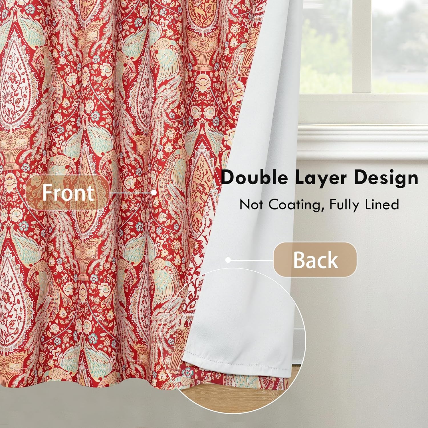 image:imageDriftAway Floral Red Curtains for Bedroom 80 Blackout Thermal Insulated Lined Double Layer Vintage Peacock Printed Pattern Darkening Drapes for Living Room Grommet 2 Panels 52 Inch by 84 Inch RedRed