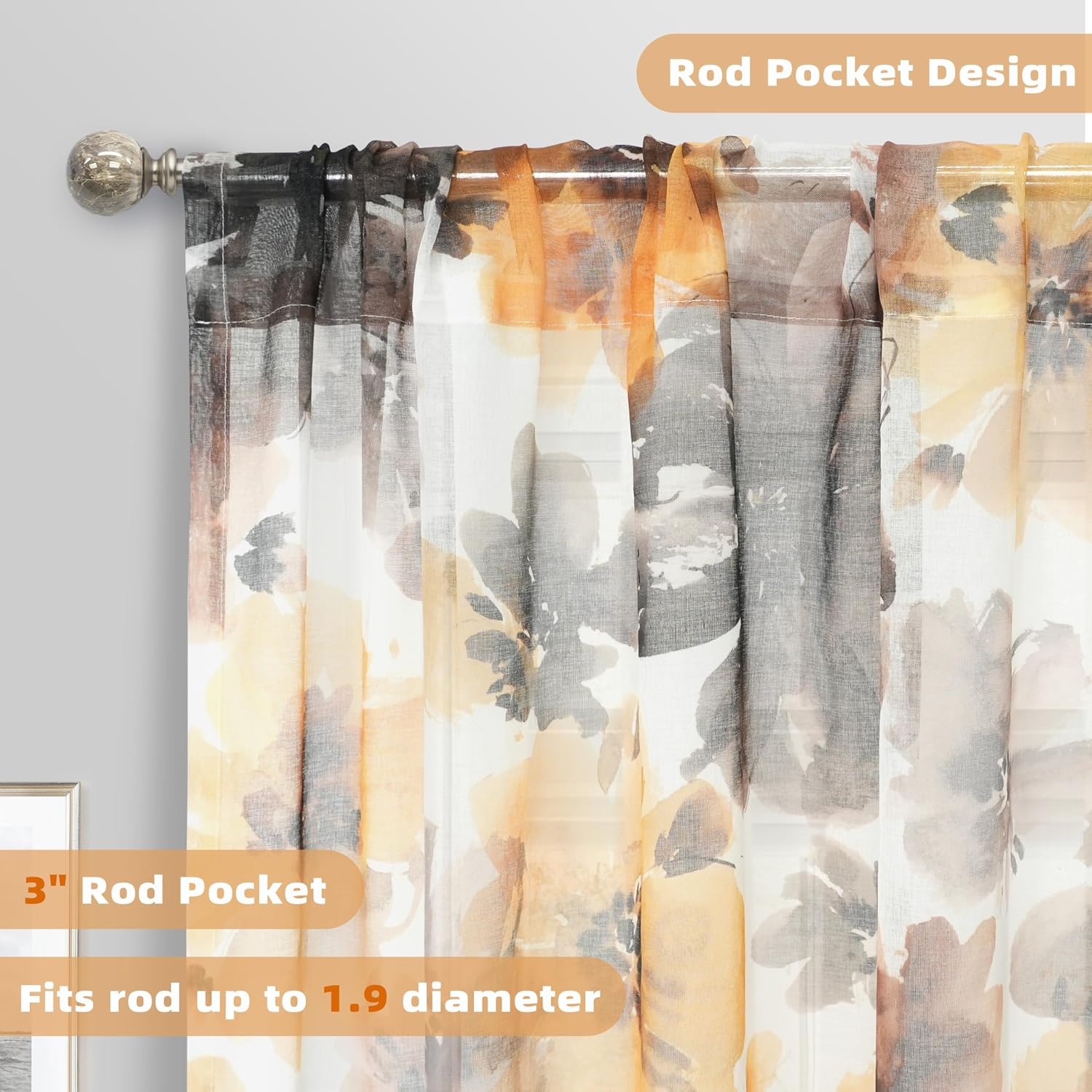 image:imageDriftAway Floral Sheer Curtains for Living Room Purple Flower Printed Light Filtering Curtain Drapes for Bedroom 96 Inches Long 2 Panels Set Rod Pocket Window Treatments Modern Elegant Curtain PurplePattern 7yellow Brown