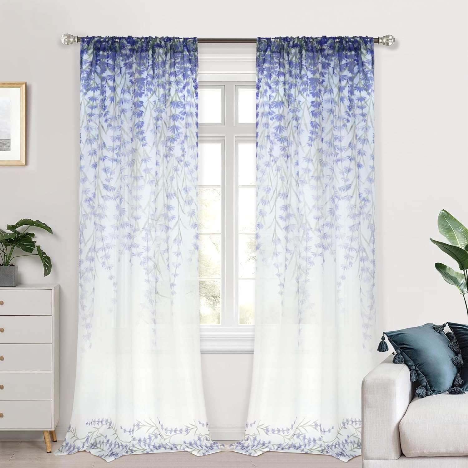 image:imageDriftAway Floral Sheer Curtains for Living Room Purple Flower Printed Light Filtering Curtain Drapes for Bedroom 96 Inches Long 2 Panels Set Rod Pocket Window Treatments Modern Elegant Curtain PurplePattern 2purple