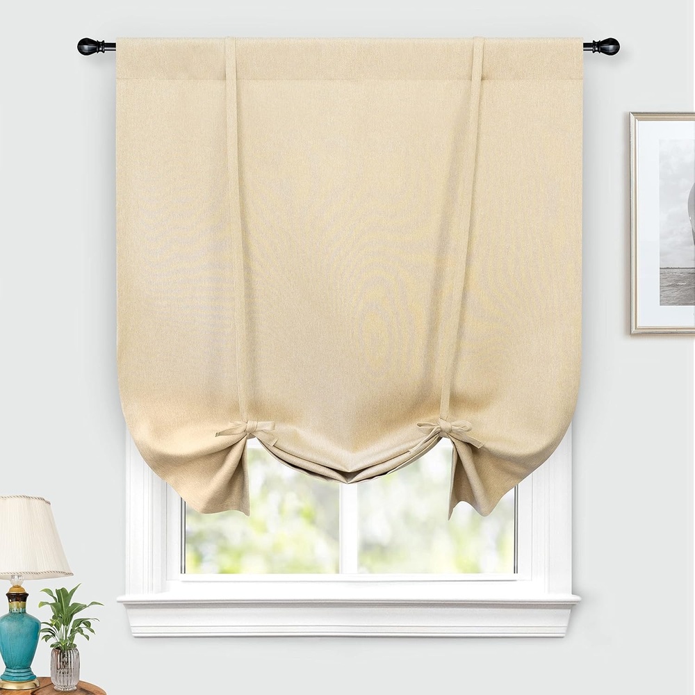 image:imageDriftAway Faux Linen Textured Solid Color Blackout Tie Up Curtain for Kitchen Decorative Adjustable Balloon Rod Pocket Window Linen Curtains for Small Window 42 Inch by 63 Inch Dusty BlueBeige
