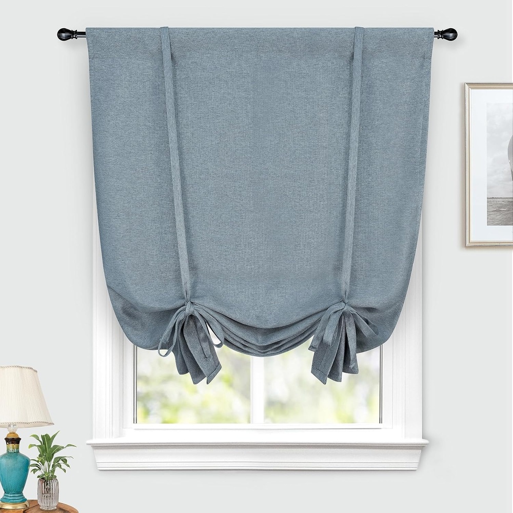 image:imageDriftAway Faux Linen Textured Solid Color Blackout Tie Up Curtain for Kitchen Decorative Adjustable Balloon Rod Pocket Window Linen Curtains for Small Window 42 Inch by 63 Inch Dusty BlueDusty Blue