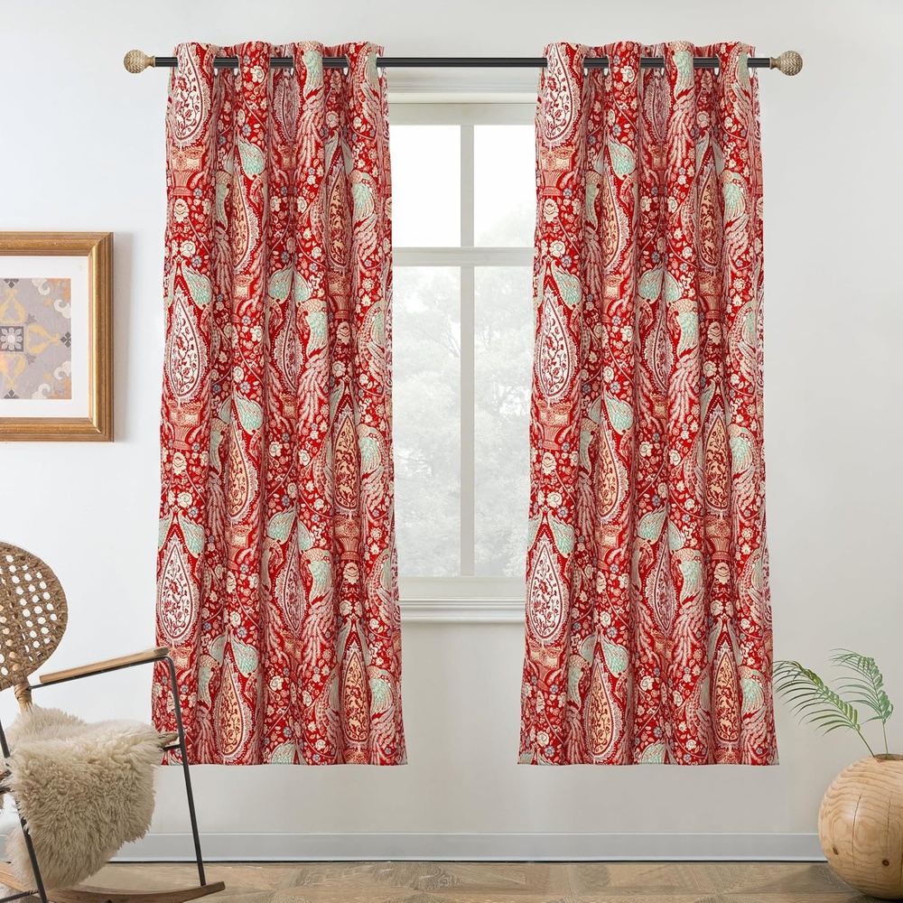 image:imageDriftAway Floral Red Curtains for Bedroom 80 Blackout Thermal Insulated Lined Double Layer Vintage Peacock Printed Pattern Darkening Drapes for Living Room Grommet 2 Panels 52 Inch by 84 Inch RedRed