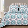image:imageDriftAway 3 Piece Bella Reversible Quilt Set Bedspreads Coverlets Medallion Floral Pattern Cover Prewashed Aqua Gray Queen