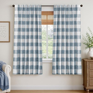 image:imageDriftAway 100 Blackout Plaid Curtains Buffalo Check 84 Inches TaupeDusty Blue