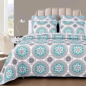 image:imageDriftAway 3 Piece Bella Reversible Quilt Set Bedspreads Coverlets Medallion Floral Pattern Cover Prewashed Aqua Gray Queen