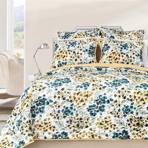 image:imageDriftAway 3 Piece Oliver Quilt Set Bedspreads Coverlets Flower Leaves Botanical Pattern Cover Prewashed Yellow Green Queen