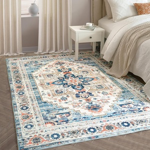 image:imageDriftAway Area Rug 5x7 Washable Rugs for Living Room Non Slip Rubber Backing Low Pile Non Shedding Carpet Friendly Boho Foldable Vintage Rugs for Bedroom Dining Room Natural Gray BrickBlueOrange