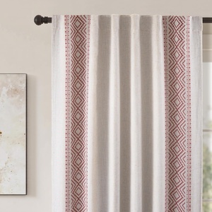 image:imageDriftAway Boho Linen Blackout Curtains Double Layer Thermal Insulated Farmhouse Vintage Geo Retro Square Printed Pattern Lined Drapes for Living Room Bedroom 84 Inches Long Back Tab 2 Panels RedGeo Trim Red