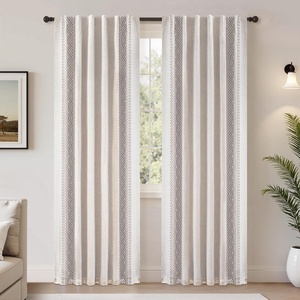 image:imageDriftAway Boho Linen Blackout Curtains Double Layer Thermal Insulated Farmhouse Vintage Geo Retro Square Printed Pattern Lined Drapes for Living Room Bedroom 84 Inches Long Back Tab 2 Panels RedGeo Trim Gray