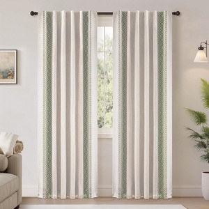 image:imageDriftAway Boho Linen Blackout Curtains Double Layer Thermal Insulated Farmhouse Vintage Geo Retro Square Printed Pattern Lined Drapes for Living Room Bedroom 84 Inches Long Back Tab 2 Panels RedGeo Trim Loden Green