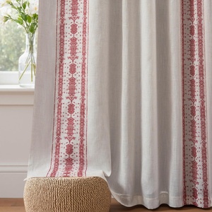 image:imageDriftAway Boho Linen Blackout Curtains Double Layer Thermal Insulated Farmhouse Vintage Geo Retro Square Printed Pattern Lined Drapes for Living Room Bedroom 84 Inches Long Back Tab 2 Panels RedKnitting Trim Red