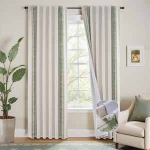 image:imageDriftAway Boho Linen Blackout Curtains Double Layer Thermal Insulated Farmhouse Vintage Geo Retro Square Printed Pattern Lined Drapes for Living Room Bedroom 84 Inches Long Back Tab 2 Panels RedKnitting Trim Loden Green
