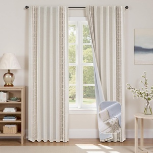 image:imageDriftAway Boho Linen Blackout Curtains Double Layer Thermal Insulated Farmhouse Vintage Geo Retro Square Printed Pattern Lined Drapes for Living Room Bedroom 84 Inches Long Back Tab 2 Panels RedKnitting Trim Beige