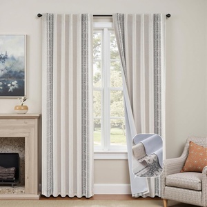 image:imageDriftAway Boho Linen Blackout Curtains Double Layer Thermal Insulated Farmhouse Vintage Geo Retro Square Printed Pattern Lined Drapes for Living Room Bedroom 84 Inches Long Back Tab 2 Panels RedKnitting Trim Gray