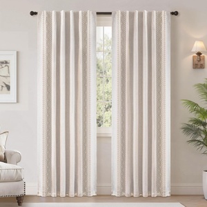 image:imageDriftAway Boho Linen Blackout Curtains Double Layer Thermal Insulated Farmhouse Vintage Geo Retro Square Printed Pattern Lined Drapes for Living Room Bedroom 84 Inches Long Back Tab 2 Panels RedGeo Trim Beige