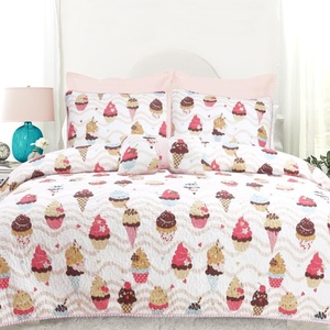 image:imageDriftAway 4 Piece Sweet Dream Reversible Quilt Set Ice Cream and Cupcake Pattern Multi Colors Soft PinkHot PinkAquaChocolateCream 100 Cotton PreWashedFullQueen