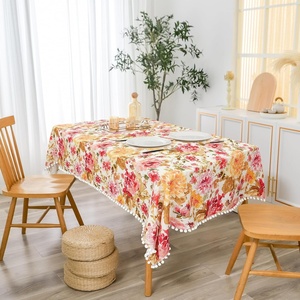 image:imageDriftAway Burlap Linen Tablecloth Dining Table Cover for 6 Foot Rectangle Tables Rustic Farmhouse Tablecloths with Pom Pom Tassel Kitchen tablecloths 54 x 84 Inch Hermosa Floral Red Orange Gold