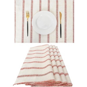 image:imageDriftAway Burlap Linen Tablecloth Dining Table Cover for 8 Foot Rectangle Tables Rustic Tablecloths Wrinkle Resistant with Pom Pom Tassel Holiday tablecloths 54 x 102 Inch Chris Red StripFarmhousered
