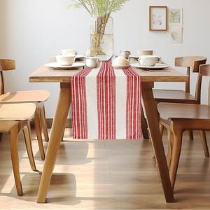 image:imageDriftAway Burlap Linen Tablecloth Dining Table Cover for 8 Foot Rectangle Tables Rustic Tablecloths Wrinkle Resistant with Pom Pom Tassel Holiday tablecloths 54 x 102 Inch Chris Red StripChrisred