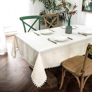 image:imageDriftAway Pom Pom Tassel Rectangle Linen Textured Decorative Table Cloth for Indoor Outdoor Dining Buffet Table Parities Dinner 55 Inch 84 Inch Light Linen