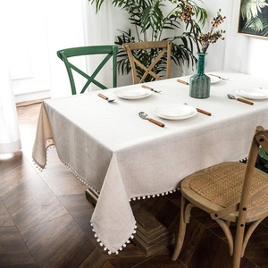 image:imageDriftAway Pom Pom Tassel Rectangle Linen Textured Decorative Table Cloth for Indoor Outdoor Dining Buffet Table Parities Dinner 55 Inch by 84 Inch Beige